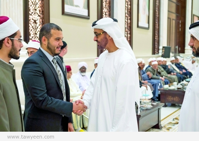 ABU DHABI, UNITED ARAB EMIRATES -June 22, 2015: HH General Sheikh Mohamed bin Zayed Al Nahyan Crown Prince of Abu Dhabi Deputy Supreme Commander of the UAE Armed Forces (C), greets visiting Islamic scholars at  Al Bateen Palace. ( Rashed Al Mansoori / Crown Prince Court - Abu Dhabi ) ---