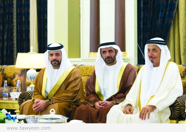 ABU DHABI, UNITED ARAB EMIRATES - July 17, 2015: HH Sheikh Mohamed bin Saif bin Mohamed Al Nahyan (L), and HH Sheikh Ahmed bin Saif bin Mohammed Al Nahyan (C), attend an Eid Al Fitr reception at Mushrif Palace. ( Ryan Carter / Crown Prince Court - Abu Dhabi ) ---