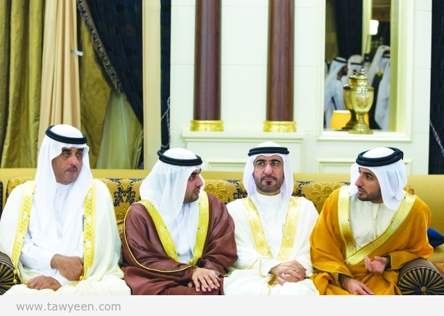 ABU DHABI, UNITED ARAB EMIRATES - July 17, 2015: HH Sheikh Rashid bin Humaid Al Nuaimi (R),  attends an Eid Al Fitr reception at Mushrif Palace. ( Ryan Carter / Crown Prince Court - Abu Dhabi ) ---