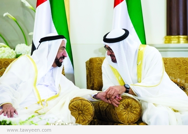 ABU DHABI, UNITED ARAB EMIRATES - July 17, 2015: HH Sheikh Mohamed bin Zayed Al Nahyan Crown Prince of Abu Dhabi and Deputy Supreme Commander of the UAE Armed Forces (R), speaks with HH Dr Sheikh Sultan bin Mohammed Al Qasimi UAE Supreme Council Member and Ruler of Sharjah (L), during an Eid Al Fitr reception at Mushrif Palace. ( Ryan Carter / Crown Prince Court - Abu Dhabi ) ---