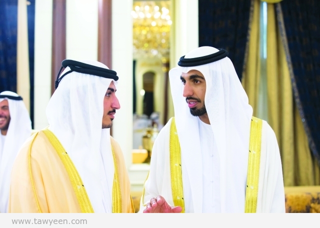 ABU DHABI, UNITED ARAB EMIRATES - July 17, 2015: HH Sheikh Mohamed bin Sultan bin Khalifa Al Nahyan (L), and HH Sheikh Shakboot bin Nahyan bin Mubarak Al Nahyan (R), attend an Eid Al Fitr reception at Mushrif Palace. ( Ryan Carter / Crown Prince Court - Abu Dhabi ) ---
