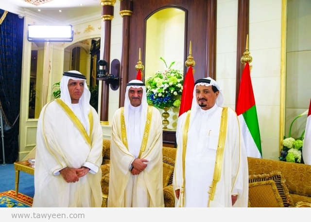 ABU DHABI, UNITED ARAB EMIRATES - July 17, 2015: (R-L) HH Sheikh Humaid bin Rashid Al Nuaimi UAE Supreme Council Member and Ruler of Ajman, HH Sheikh Hamad bin Mohammed Al Sharqi UAE Supreme Council Member and Ruler of Fujairah  and HH Sheikh Saud bin Saqr Al Qasimi UAE Supreme Council Member and Ruler of Ras al-Khaimah attend Eid Al Fitr reception at Mushrif Palace. ( Mohamed Al Hammadi / Crown Prince Court - Abu Dhabi ) ---